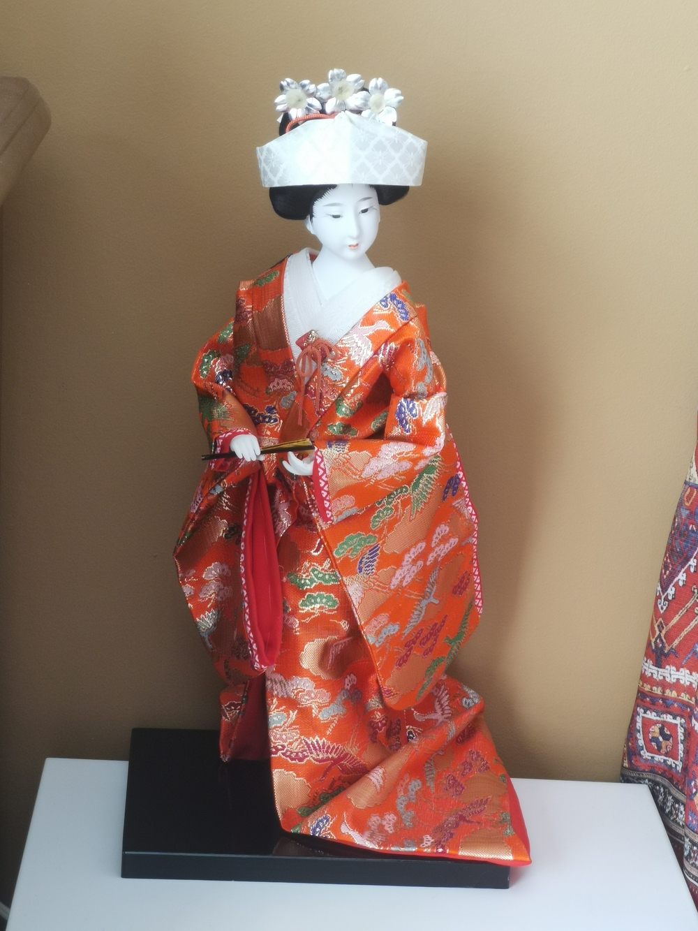 Traditional Japanese Geisha Doll in Golden Embroidered Orange Brocade Kimono